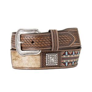 3D $74 Western Calf Hair Concho Belt Brown Aztec Inlays Mens 42 NEW
